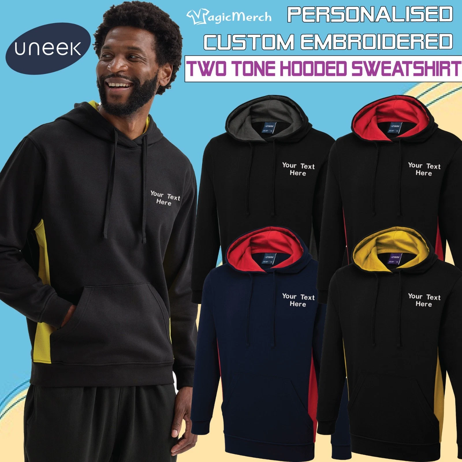 Personalised Uneek Two Tone Hooded Sweatshirt Embroidered Text Logo Unisex Gifts