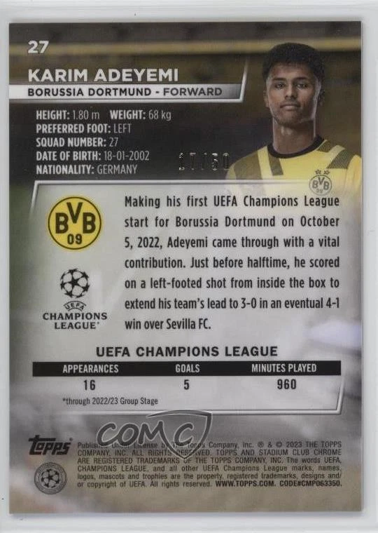 2022-23 Topps Stadium Club Chrome UEFA Competitions /50 Karim Adeyemi #27 - Image 2 of 2