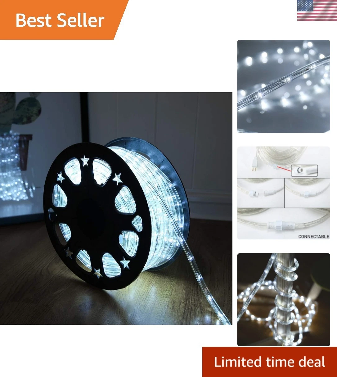 50ft 360 LED Waterproof Rope Lights, 110V Connectable Indoor Outdoor White Le...