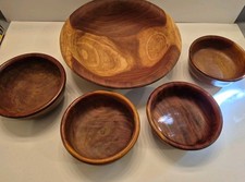 5 Vintage Walnut Wooden Hand carved Bowls Set Oval Hand Turned