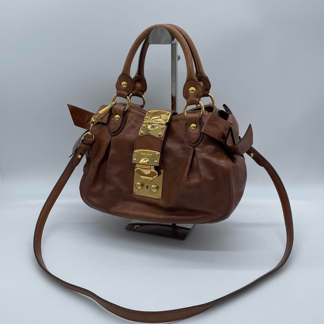 バッグ miu miu side ribbon 2way HandBag Brown miu miu Side Ribbon 2way Leather Shoulder Handbag Brown Gold