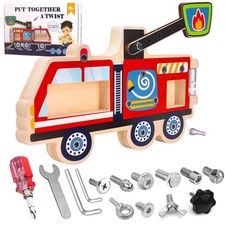 Montessori Screwdriver Busy Board Fire Truck   Wooden STEM Red, Yellow, Black