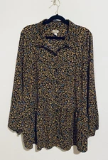 LOGO Lori Goldstein Top Womens XL Yellow Ditzy Floral Ruffle Hem Button Up