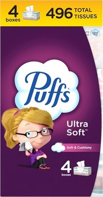 Puffs Ultra Soft Facial Tissues, 4 Boxes, 124 Tissues Each, for Allergies & Cold