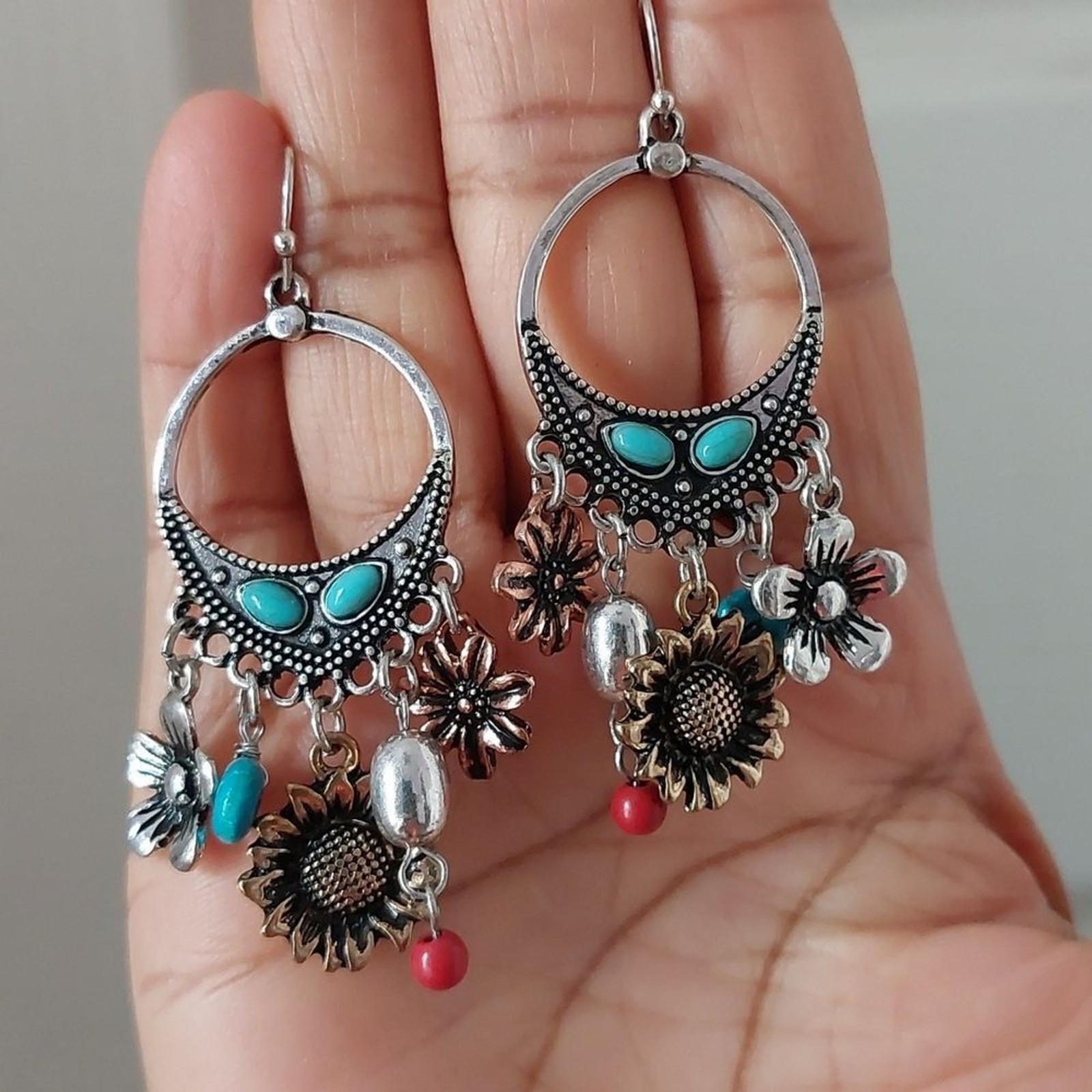 Boho Chic Multi Charm Dangle Earrings Tri Tone Me… - image 4