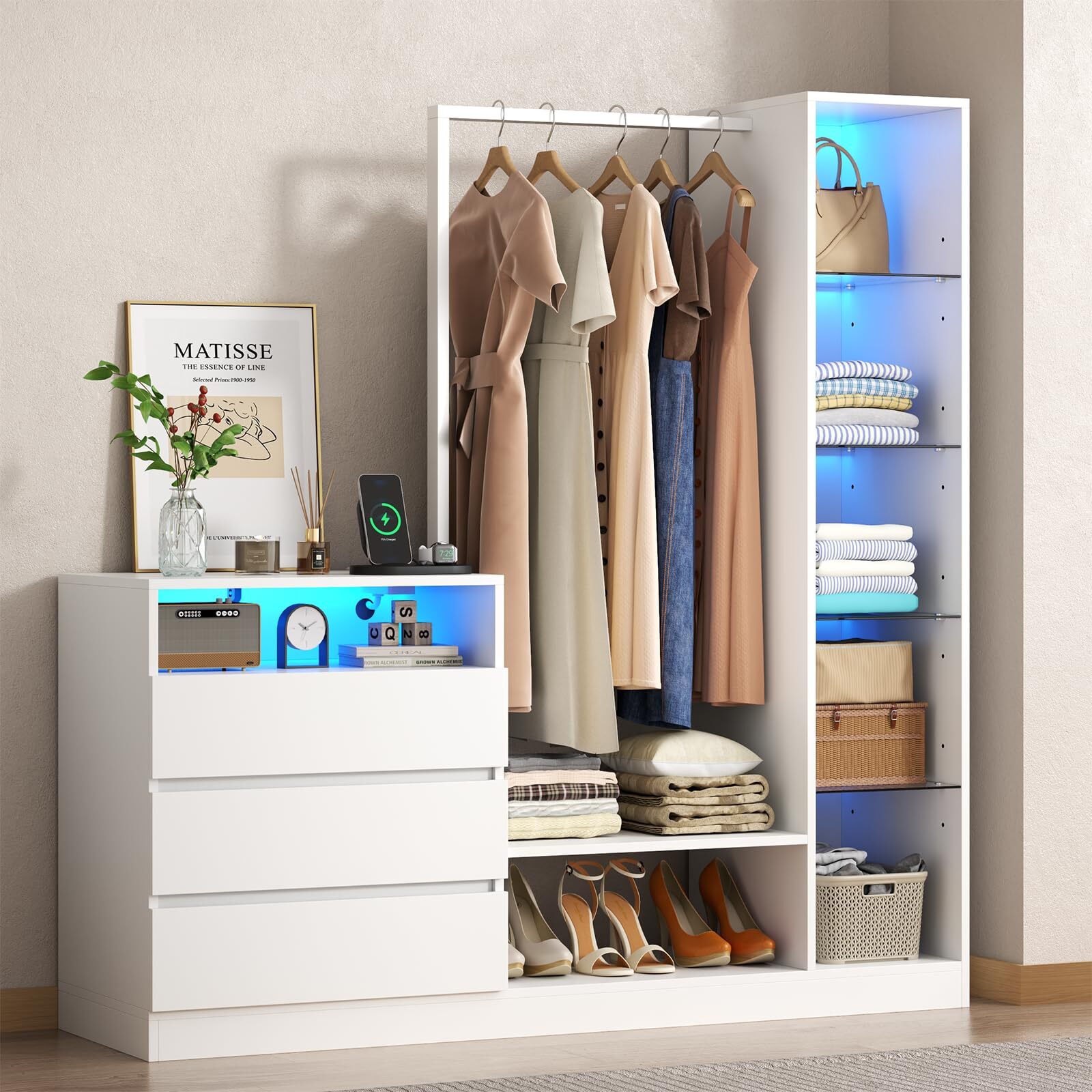 Armoire Wardrobe Closet with Hanging Rod & 3 Drawers, Large Clothing Storage ...-image