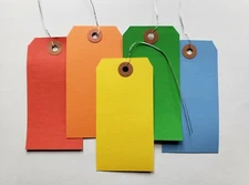 100 of 4 3/4" x 2 3/8" Size 5 Colored Inventory Shipping Hang Tags with Wire