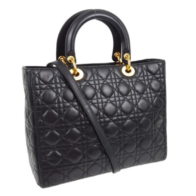 Christian Dior Black Lambskin Lady Dior Cannage 2way Handbag MA