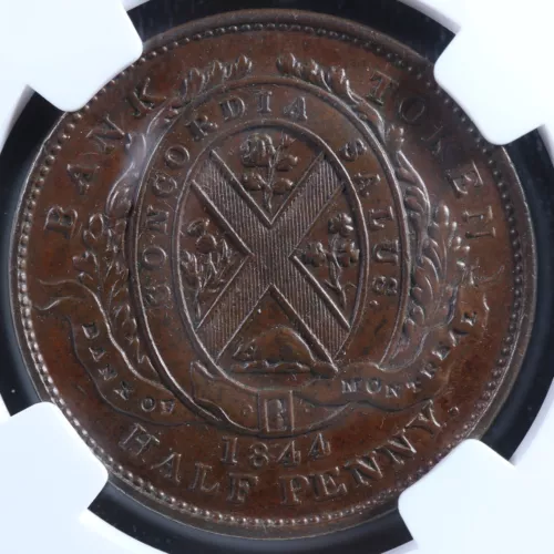 PC-1B1 NGC AU-58 Halfpenny 1844 token Province of du Canada Montreal Breton 527
