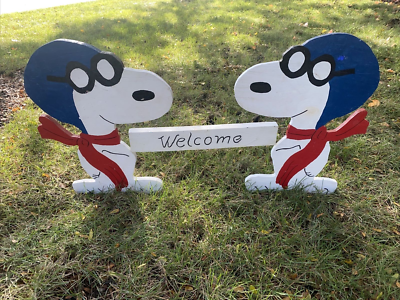 SET (3 Pc) Snoopy Joe Cool Pilot Wooden Welcome Sign Outdoor 19