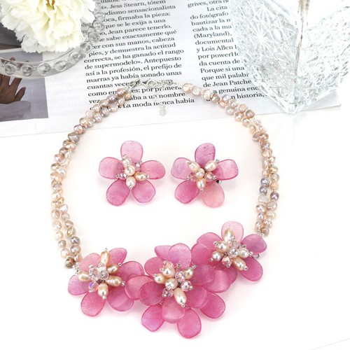 Elegante Collar Flor Piedra y Perla Cuarzo Rosa con Pendientes Conjunto de Joyería - Imagen 4 de 6