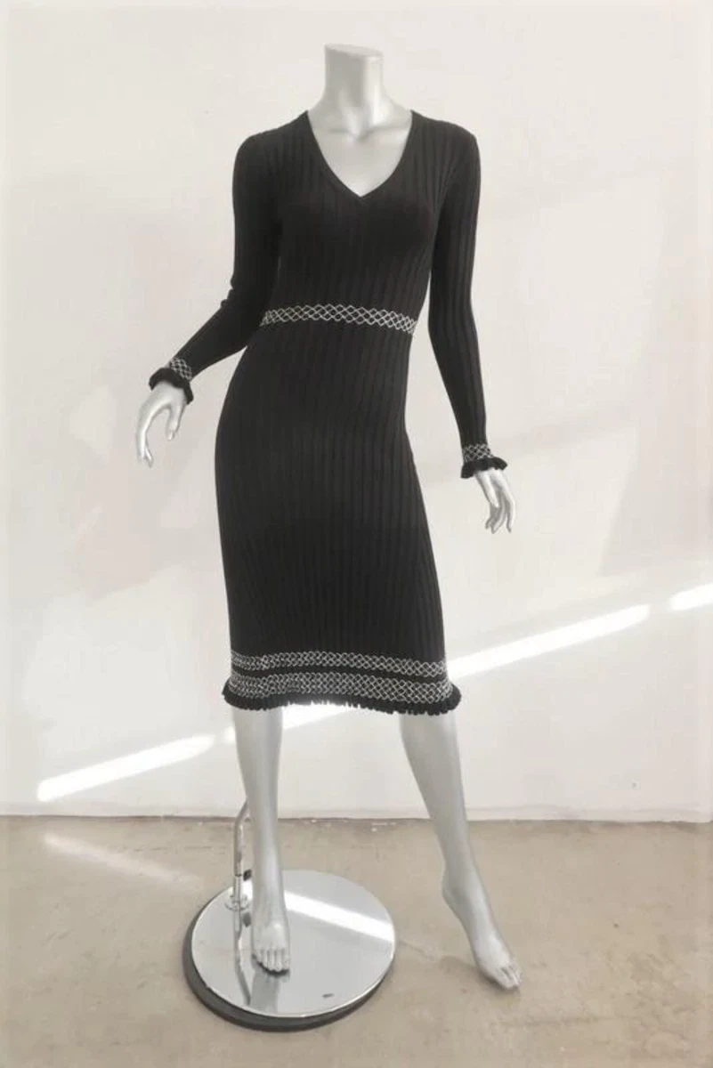 Altuzarra Dress Isolde Black Ribbed Knit Size Small Long Sleeve V