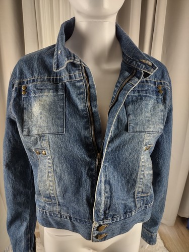 Miss Lili Womens Distressed Customized Cotton Blend Blue Denim Jean Jacket Sz L - Picture 2 of 12