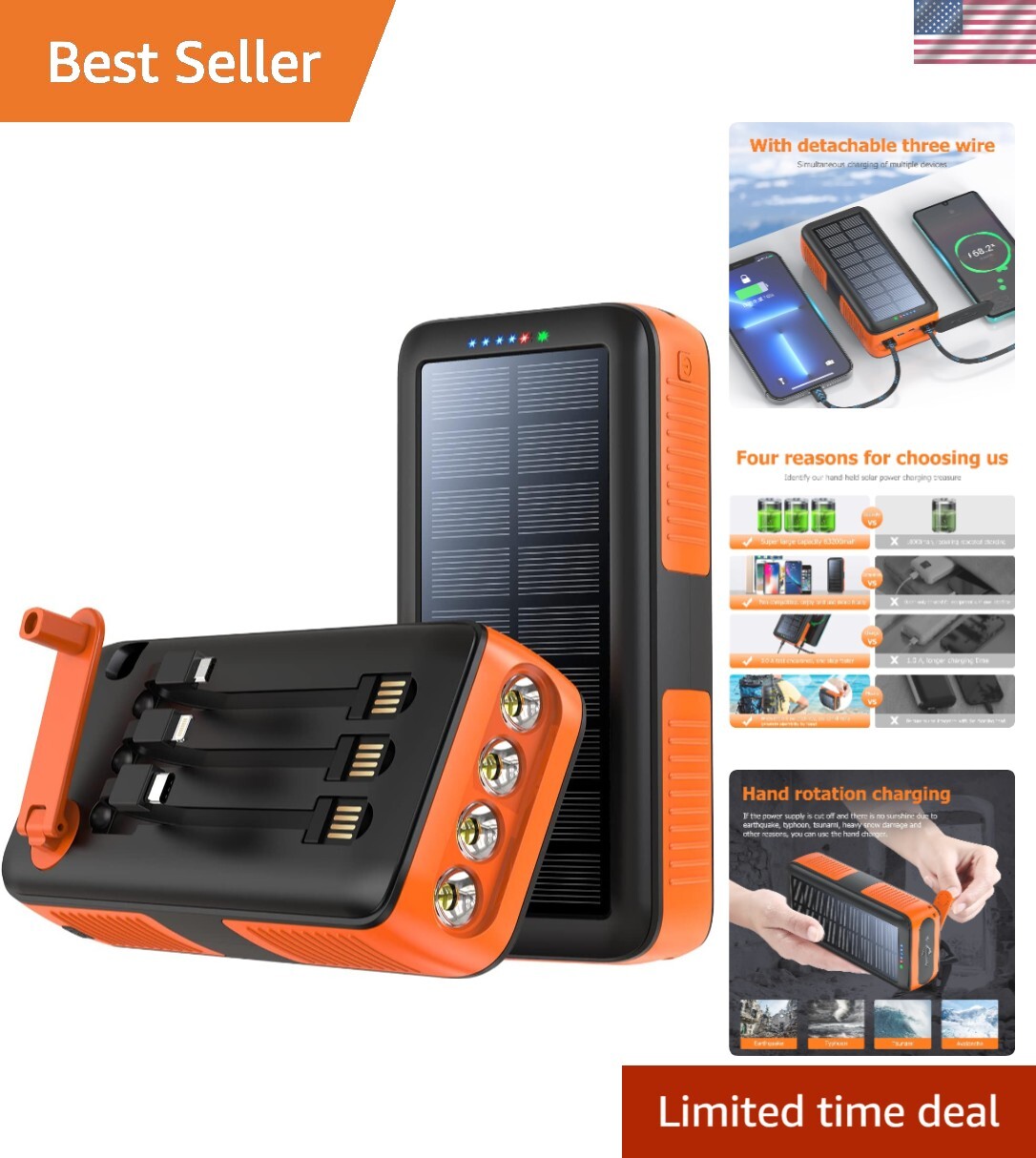 Solar Charger Power Bank 63200mAh, Portable Charger with Dual Outputs & Dual ...