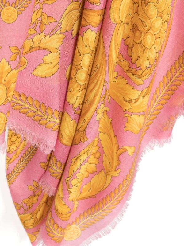 Versace Barocco Pink Gold Cashmere Silk Wool Fringe Shawl