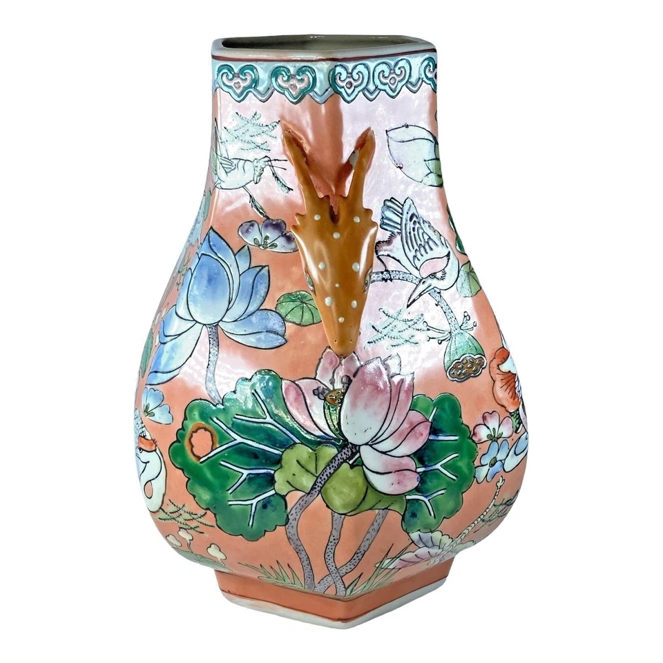 Hand Painted Vase Double Handle 12” Modern Reproduction Quianlong Style Birds - Image 4 of 4