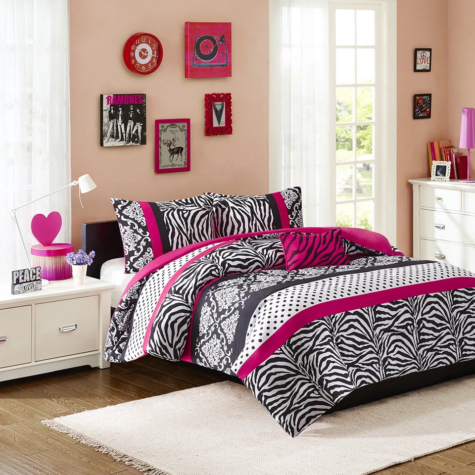 HERMOSO CONJUNTO EDREDÓN MODERNO DE LUNARES CEBRA NEGRO ROSA INTENSO NIÑAS ~ Y ALMOHADA Foto 2 de 3