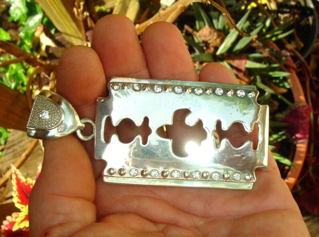 BIG Bling Razor Blade Rhinestone Necklace Pendant for Shaved Head Hip Style