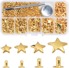 200 Set Mixed Size Leather Rivets Kit for Star Studs, Clothing, Fabric, Gold Col