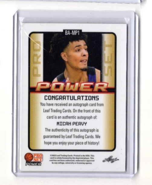 2021-22 Leaf Pro Set Power #BA-MP1 Micah Peavy RC  BK01R01F - Image 2 of 2