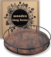 12 Inch Wood Lazy Susan, Rustic Brown Turntable Organizer with Steel Frame, 360