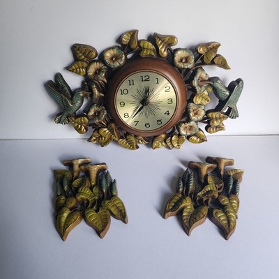 Vintage Hanging Wall Clock Analog Hummingbird & Morning Glory Floral Plastic