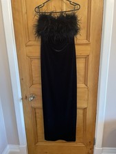 Club L London Arella Black Velvet Bardot Neck Maxi Dress Feather Trim Size 10