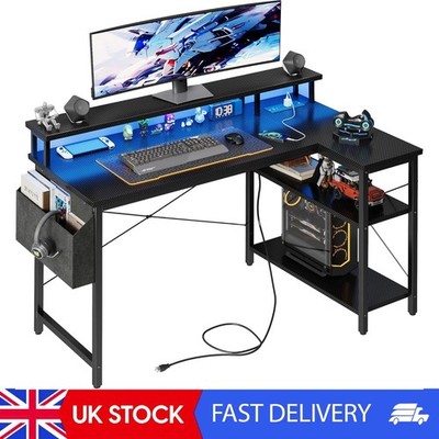 L-förmiger Schreibtisch mit LED-Leuchten & Steckdosen, 120 cm Gaming Schreibtisch mit 2