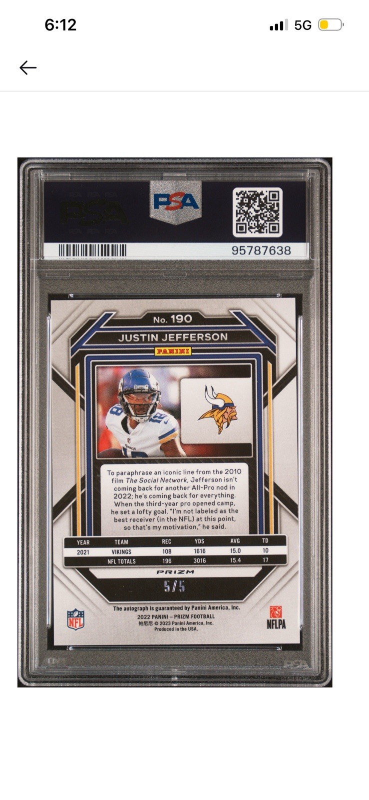 2022 Panini Prizm Justin Jefferson Green Shimmer Auto /5 #190 PSA 9 Vikings view 2