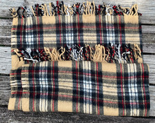 Vintage Soft Tan Black Red White Tartan Plaid Wool Blanket Throw Stadium 49"x50"