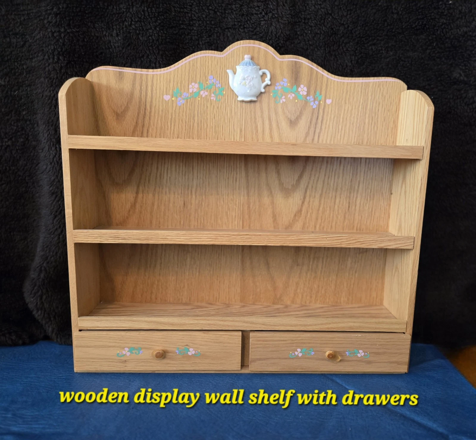 Wooden Display Wall Shelf With Two Drawers Tea Cups