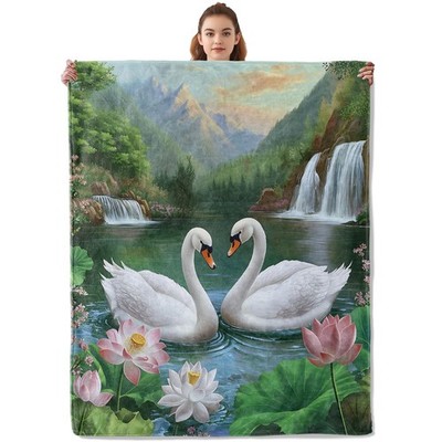 Kibue Pretty White Swan Blanket Warm & Cozy Flannel Throw 60x50 Inch, Swan19 