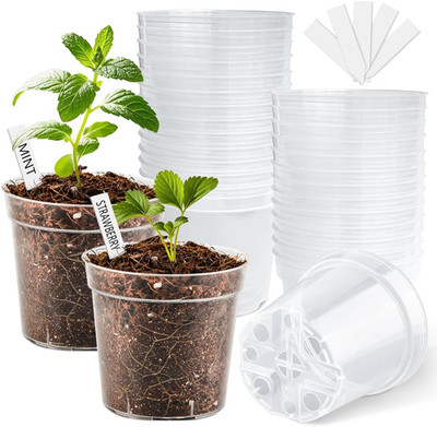 4 Inch Clear Nursery Pots for Plants, Plastic Plant Pot with Drainage Holes, Stu