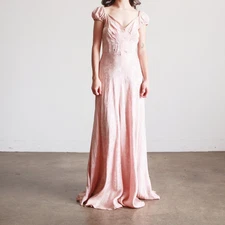 1930s Blush Pink Damask Silk Floral Jacquars Gown with Cap Puff Sleeves