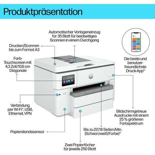 HP OfficeJet Pro 9730e Tinte-Multifunktionsdrucker 3in1 HP+ A3 LAN WiFi ADF Du - Bild 3 von 4