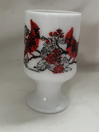 Vintage Red Cardinal Bird Milk Glass Pedestal Coffee Mug White Footed Tea Cup