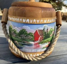 Vintage 1800s Wooden FIRKIN Sugar Bucket with Handle Feat. Handpainted Design