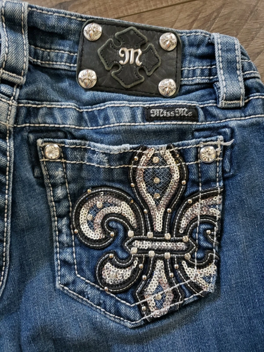 Miss Me Jeans Signature Skinny 27 Stretch Embellished Fleur De Lis Sequins Bling