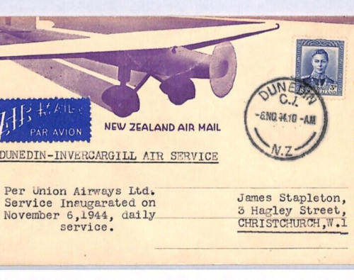 NEW ZEALAND Air Mail Cover UNION AIRWAYS FIRST FLIGHT 1944 Aviation ART YM185 - Picture 2 of 12