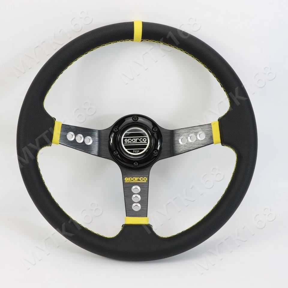 SPARCO LEATHER DEEP DISH STEERING WHEEL 14"INCH UNIVERSAL CAR Yellow COLOUR - Image 3 of 4