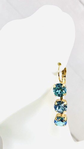 Shiny Yellow Gold Plated Aquamarine Blue Triple Stone Cup Chain Earrings - Picture 2 of 9