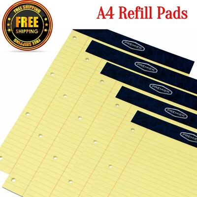 PREMIER A4 Legal Pad Pack of 5 Notepad Memo Yellow Feint Ruled Punched Paper Book Pads