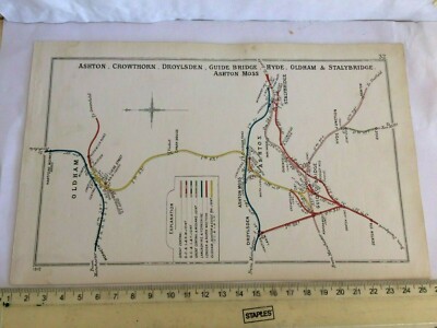 OLDHAM DENTON GUIDEBRIDGE STALYBRIDGE WERNETH DROYLESDEN HYDE EISENBAHNKARTE 1912