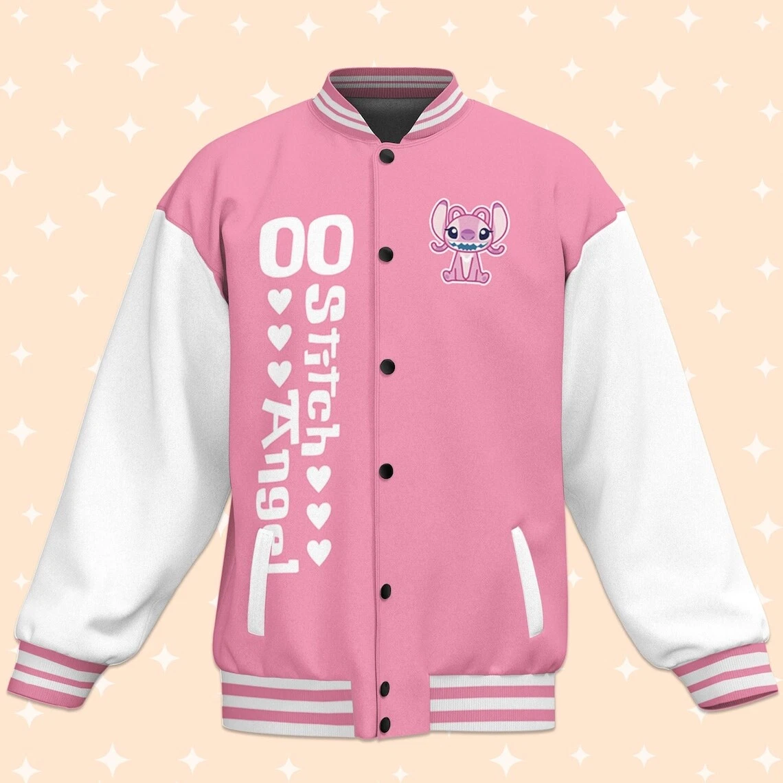 Custom Stitch and Angel Couple Pink Baseball Jacket, Adult Varsity Jacket