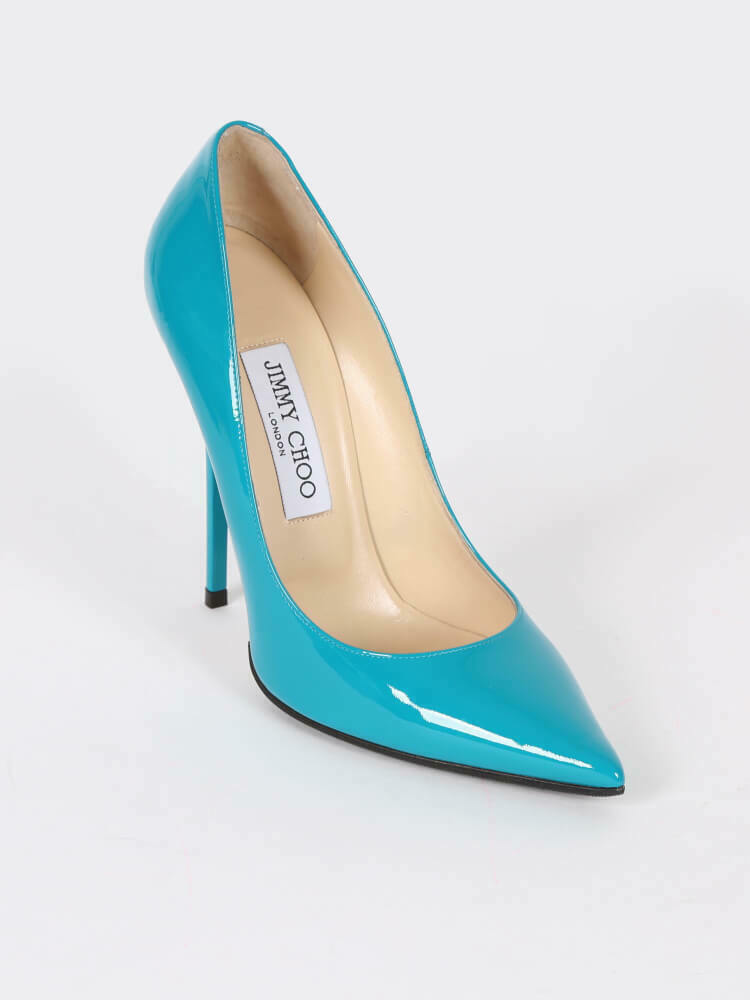 JIMMY CHOO ANOUK CLASSIC TURQUOISE PATENT POINTY TOE PUMPS JIMMY CHOO ANOUK CLASSIC TURQUOISE PATENT POINTY TOE PUMPS