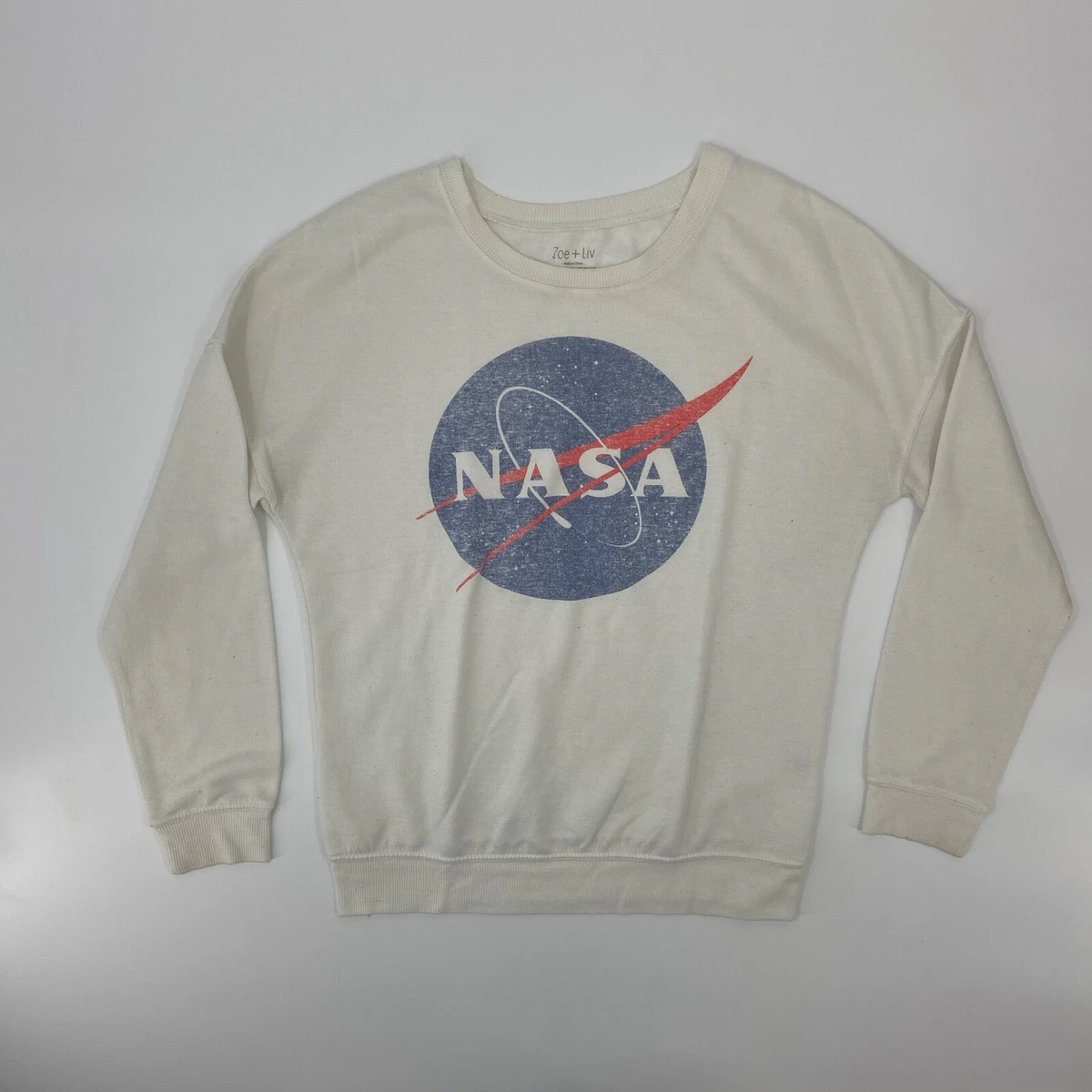 Nasa Sweater Womens Medium White Blue Spell Out Logo Pullover Sweatshirt