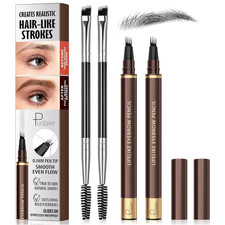 2 Pack 4-Tip Microblading Eyebrow Pen with 2 Brow Brushes, Waterproof Vegan