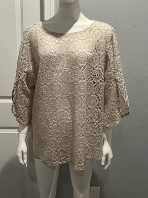 Ruby Rd Top Womens 1X Cream Lace Crochet Sheer Overlay Top X-Large