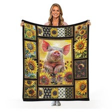 Pig Sunflower Throw Blanket Animal Decor Flannel Fleece Soft 50x40 Inch