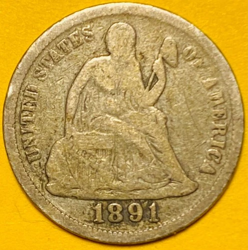 1891 U.S. SEATED LIBERTY SILVER DIME 10c COIN (F-Fine), Last Mintage Year!